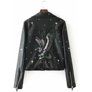 Herfst Borduren Faux Zacht Lederen Jas Vrouwen Pu Motorfiets Jas Vrouwelijke Zwarte Punk Rits Bovenkleding Korte Jas PY71