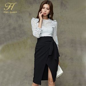 H Han Queen 2 Stuks Pak Vrouwen Herfst O-hals Dots Shirt Top & Hoge Taille Split Schede Potlood Rok Koreaanse beroep Office Set