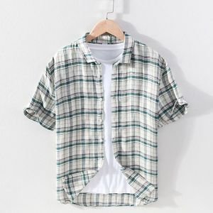 100% Zuiver Linnen Korte Mouwen Shirt Voor Mannen Zomer Turn-Down Kraag Tops Mens Kleding Trends Plaid hennep Overhemd