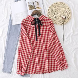 H. Sa Plaid Shirt Voor Vrouwen Casual Losse Rode Blouses Kleding Revers Lange Mouwen Button Shirt Lace-Up dames Jas Tops