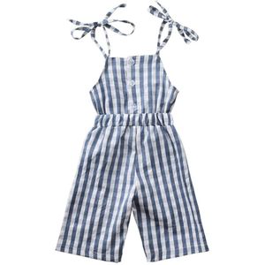 Zomer Eenvoudige Kinderen Overalls Pak Jongen Meisje Jarretel Lace Up Blauw Plaid Patroon Broek Een Stuk Set Jumpsuit broek