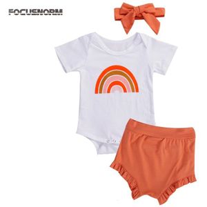 Focusnorm 0-18M Baby Jongens Meisjes Kleding Sets Regenboog Print Witte Katoenen Romper Tops Solid Shorts Hoofdband
