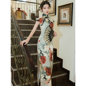 Zomer Sexy Slanke Chinese Traditionele Verbeterde Cheongsam Elegante Vintage Bloemen Lange Jurken Kleding Voor Vrouwen Qipao
