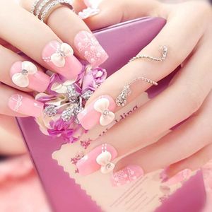 Prachtige Nep Nagels Met Lijm Voor Bruid Bruiloft Nail Tips Clear Roze Volledige Cover Kunstnagels 3D Bows Pearl Lange valse Nail