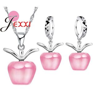 5 Kleuren Shiny 925 Sterling Zilver Mooie Apple Kat Ogen Steen Hanger Ketting/Oorbel Sieraden Sets