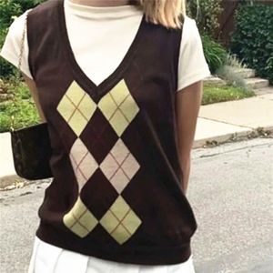 Vrouwen Trui Vest Patchwork Koreaanse Stijl V-hals Gebreide Truien Leisure Student Mouwloze Vrouwelijke Vintage Vest Meisjes Tops