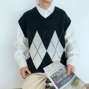 Vest Mannen Argyle V-hals Novelty Plus Size Herfst Trendy Koreaanse Mode Kleding Heren Vest Casual Mouwloze Vesten Zachte