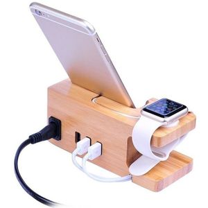 3-Port Usb Charger Voor Apple Horloge & Telefoon Organizer Stand,Cradle Houder, 15W 3A Desktop Bamboe Hout Laadstation Voor Iwatc