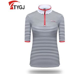Vrouwen Casual Gestreepte Golf Shirt Zomer Korte Mouwen Sport Tops Rits Hals Slim Golf T-shirts D0803