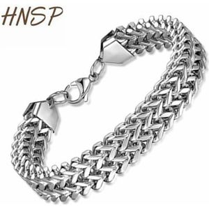 Hnsp Punk Rvs Hand Chain Armband Voor Mannen Hip Hop Rock Stijl Dubbele Rij 10Mm Breed Mannelijke