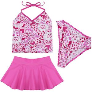 TiaoBug Kids Teens Pink Halter Swim Tops met Slips Rok Bikini Set Meisjes Beachwear Tankini Badmode Badpak Badpak