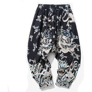 Chinese Draak Patroon Gedrukt Katoenen Broek Nepal Losse Linnen Broek Mannen Zachte Natuurlijke Vlas Broek Elastische Taille Comfortabele