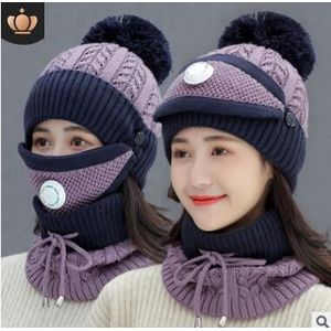 Warme Gebreide Muts + Sjaal + Masker 3 Stuks Set Vrouwen Winter Wollen Sjaal Caps Halswarmer Dames Meisjes skullies Mutsen Warm Fleece