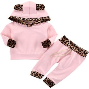 Leuke Roze Baby Meisjes Kleding Pasgeboren Baby Bebek Hooded Sweatshirt Tops + Broek Luipaard 2 Stuks Outfits Trainingspak Kids Kleding set