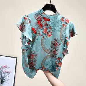 Chinese Cheongsam Stijl Vrouwen Bloemen Chiffon Shirt Zomer Blouse Ruches Korte Mouwen Shirts Tops Blusas A3252