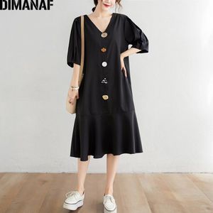 Dimanaf Zomer Plus Size Vrouwen Jurk Zeemeermin Vrouwelijke Vestidos Mode Elegante Dame Jurk Losse Ruches V-hals Button Black Dress