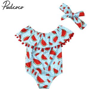 Pasgeboren Baby Meisjes Kleding Watermeloen print korte mouw ronde hals Bodysuit Strik Hoofdband 2 pc katoen casual zomer set