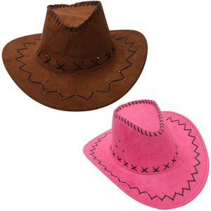 Kf-Retro Unisex Denim Wild West Cowboy Cowgirl Rodeo Fancy Dress Accessoire Hoeden Rose Red &amp; Licht Koffie 2 Pcs