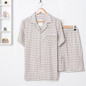 Katoen dubbele gaas plaid mannen thuis kleding zomer korte mouw nachtkleding zwart wit plaid pijamas korte mouw tops shorts