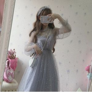 Sweet lolita jurk fee trouwjurk sterren grijs blauw mesh prinses victoriaans meisje gothic lolita op jurk kawaii loli cos