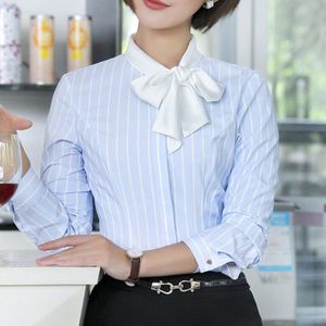 Elegante Vrouwen Lange Mouwen Bow Shirt Formele Mode Streep Slanke Patchwork Chiffon Blouse Kantoor Dames Plus Size Tops