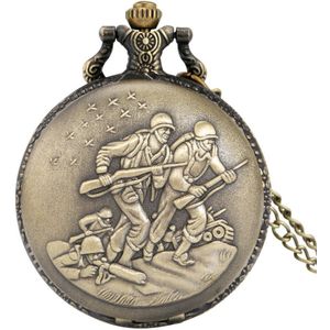 Antieke Bronzen Soldaten Quartz Horloge Arabische Cijfers Display Trui Keten Hanger Souvenir Klok