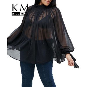 Kissmilk Plus Size Vrouwen Sexy Zwarte Tops Grote Maat Lantaarn Mouw Blouse Over Size O-hals Drie Kwart Mouw Blouse