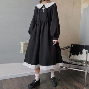 Japanse Retro Dark Kawaii Meisjes Jurk Gothic Lolita Lange Mouw Zwarte Jurk Lente & Herfst Nun Kostuum Cosplay Outfit VO739