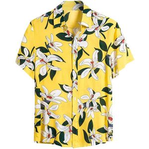 Casual Shirts Print Hawaiian Shirt Geel Korte Mouw Blouse Enkele Knop Shirt Mannen Tops Slim Fit Blusa Masculina