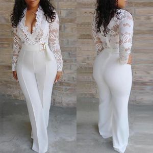 Wit Jumpsuit Vrouwen Kant Stiksels Lange Mouw V-hals Plus Size Wijde Pijpen Lange Broek Kantoor Dame Jumpsuits Voor Vrouwen Lugentolo