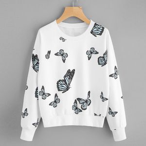 JAYCOSIN Mode Vrouwen Casual Eenvoudige Swatshirt Butterfly Printing Lange Mouwen Comfortabele Effen Kleur Soft Chic Blouse Top