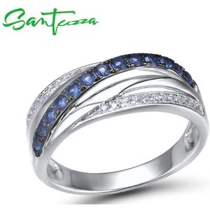 SANTUZZA Zilveren Ringen Voor Vrouwen Pure 925 Sterling Zilver Blauw Wit Zirconia Wedding Engagement Rings Chic Sieraden