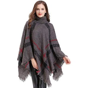 Vrouwen Outdoor Sport Sjaal, Boho Losse Kwastje Plaid Poncho Coltrui Jumper Gebreide Oversized Trui Top d40t