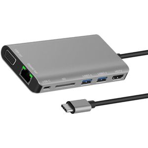 Type-C Multifunctionele Dock Station Met USB3.0x2/SDx1 Card + Hdmi/Vga + Jack 3.5 + RJ45 + Type-C (Pd) poort