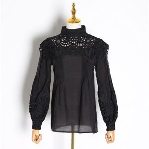 Twotwinstyle Casual Hollow Out Blouse Vrouwen Stand Kraag Lantaarn Lange Mouw Ruches Losse Overhemd Vrouwelijke Kleding Mode
