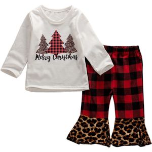 Xmas Baby Meisjes Kleding Set Pasgeboren Kids Baby Kerst Lange Mouw T-shirt Plaids Luipaard Broek Kleding Outfits 2 Stuks