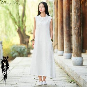 zomer chinese traditionele kleding vrouwen katoen linnen Cheongsam mouwloze losse jurk qipao V1586
