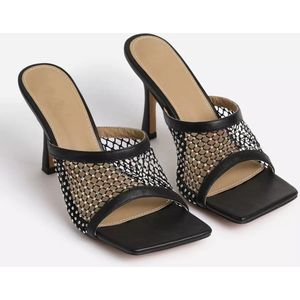 Zomer Flip Flops Sexy Vierkante Teen Strass Mesh Hoge Hak Slippers Mode Slip Op Dunne Hakken Slides Buiten Vrouwen slides