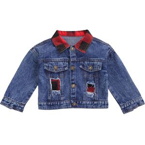 Kinderen Herfst Jurk, Grid Revers Lange-Mouwen Denim Jas Met Ripped Voor Kinderen Jongens, Meisjes, 1-6 Jaar