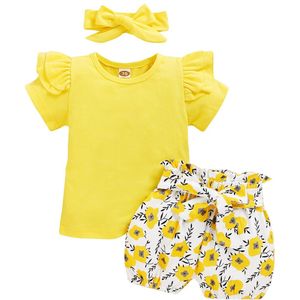 Pasgeboren Baby Meisje 3 Stuks Kleding Bloemen T-shirt Geel Ruches Korte Mouw Tops Hoge Taille Shorts Hoofdband Outfits Sets 0-24M
