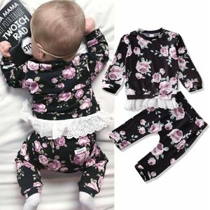 0-24M Pasgeboren Baby Baby Meisjes Kleding Kant Lange Mouw Sweatshirt Tops + Broek 2 Stuks Herfst Winter bloem Outfits Set