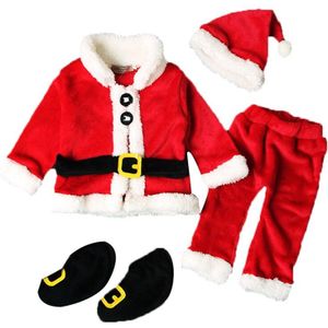 0-3T Winter Jongens Meisjes Kerst Kleding Sets 4 Stuks Past Dikke Warme Kerstman Kostuum Fleece Jassen + Broek + Hoed + Schoenen Outfit Set