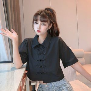 Zwarte Chinese Stijl Dameskleding Zomer Aziatische Streetwear Cheongsam Top Tang Pak Vintage Shirts Harakuju Tee Top 11360