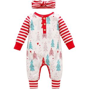 Kerst Inafnt Pasgeboren Baby Meisjes Jongens Kerst Romper Lange Mouwen Jumpsuit Fall Tree Strepen Losse Kleding + Hoed/hoofdband