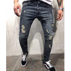 Jongens Mannen Gescheurde Jeans Elastische Skinny Slim Fit Denim Broek Vernietigd Verzwakte Snor Effect Broek Mode Streetwear