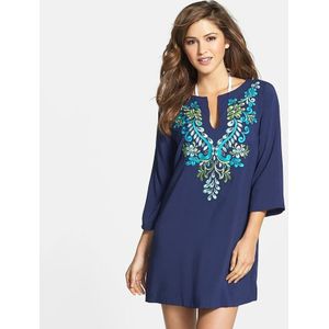 Vrouwen Bohemian Borduren Bloemen Tuniek Shift Blouse Flowy Mini Jurk