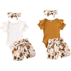 0-24M Lovely Baby Baby Meisjes Kleding Sets 3 Pcs Ruches Korte Mouwen Romper Tops + Bloemen Shorts + Hoofdband