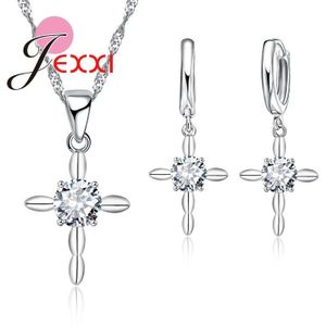 Sieraden Set 925 Sterling Zilveren Kruis Hanger Ketting En Oorbellen Voor Vrouwen Partij Accessoire