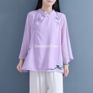 Chinese Traditionele Kostuum Vrouwen Klassieke Tang Pak Hanfu Top Mesh Etnische Vintage Party Dance Wear Cheongsam Chiffon Blouse