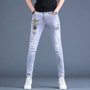 Bedelaar Stijl Mannen Slim-Fit Ripped Jeans, Borduurwerk Stretch Denim Broek, krassen Sexy Grijze Jeans Broek;